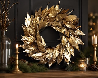 Corona de hojas de oro hecha a mano: Decoración rústica dorada para pared (35,5 cm)