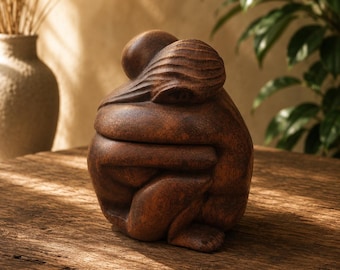 Abstract Wooden Couple Sculpture – Romantic Embrace Figurine, Rustic Boho Home Decor (15x12 cm)