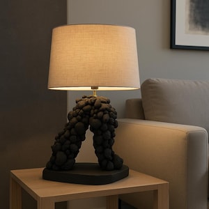 Handmade Pumice Stone Table Lamp: Modern Wood Base, Linen Shade