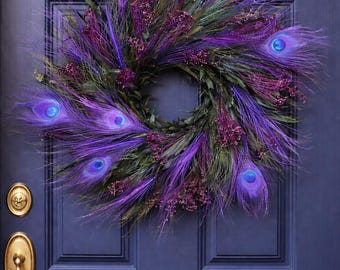 Peacock Feather Wreath – Purple Blue Boho Door Decor, Dried Flower Wall Hanging