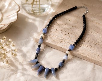 Handmade Blue Agate Spike Necklace, Boho Tribal Gemstone Statement Jewelry