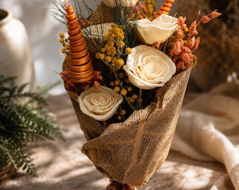 Dried Flower Bouquet with Ivory Roses | Autumn Cottagecore Floral Arrangement, Handmade Home Decor