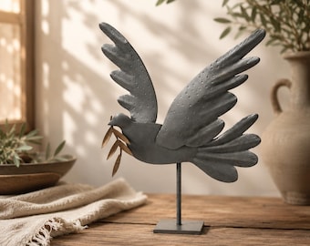 Metal Dove Sculpture with Olive Branch – Rustic Peace Bird Table Decor (26x20 cm)
