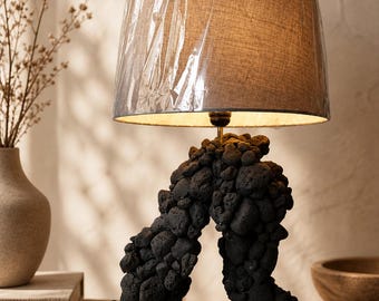 Handmade Pumice Stone Table Lamp: Modern Wood Base, Linen Shade