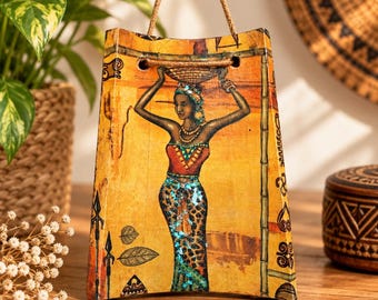 Hand-Painted Wooden African Woman Mini Bag Ornament, Ethnic Boho Home Decor