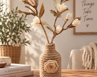 Handmade Jute Rope Vase with Sola Flowers, Rustic Boho Farmhouse Decor