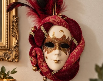 Handmade Venetian Jester Mask Wall Decor, Burgundy Gold Masquerade Art (25x10cm)
