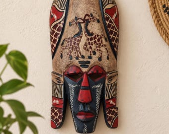 Hand-Painted African Wooden Mask, Giraffe Tribal Wall Art (23cm)