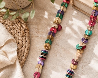 Colorful Wooden Button Statement Necklace, Long Boho Artisan Jewelry (37cm)