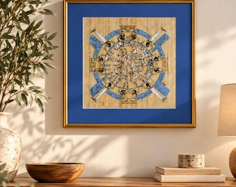 Ancient Egyptian Papyrus Art, Hieroglyphic Motifs, Blue Gold Frame (39x39 cm)