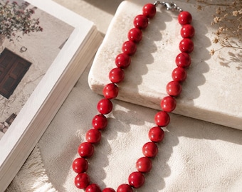 Handmade Red Dyed Howlite Necklace, Large Statement Beaded Jewelry