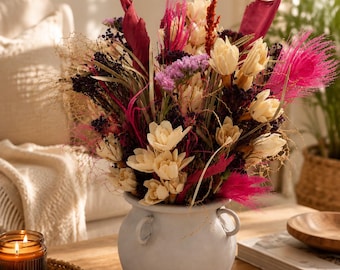 Handcrafted Dried Flower Arrangement, Pink Cream Sola Wood Boho Vase Decor