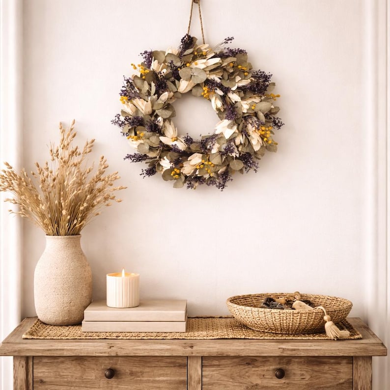 Corona de flores secas – Retama, Sola, Mimosa, Eucalipto – Decoración rústica para puerta de casa de campo imagen 6