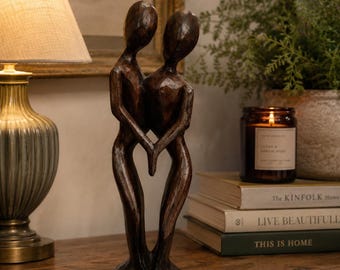 Abstract Wooden Couple Sculpture – Romantic Love Statue, Hand Carved Style Home Decor (42x12 cm)