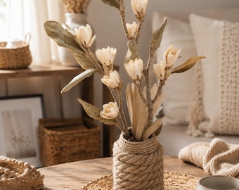 Handmade Sola Flower Arrangement, Real Branches, Jute Wrapped Glass Vase, Rustic Boho Floral Decor