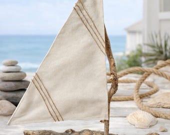 Handmade Driftwood Sailboat Sculpture, Coastal Fabric Sail Decor