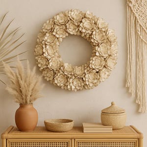 Rustic Sola Sliced Flower Wreath - Handmade Neutral Floral Door Decor