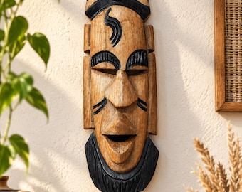 Hand Carved Solid Wood African Mask, Tribal Wall Decor, 35 cm