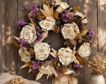Handcrafted Dried Flower Wreath, Ivory Roses, Lilac & Mustard Boho Wall Decor (30cm)