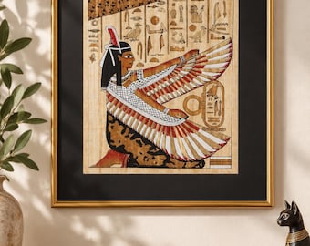 Ancient Egyptian Winged Goddess Papyrus Art, Hieroglyphic Wall Decor (39x49 cm)