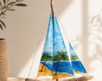 Handmade Driftwood Sailboat Decor – Hand Painted Mediterranean Boat – Coastal Nautical Home Decoration 47x32 cm