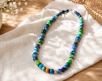 Hand-Painted Wooden Bead Necklace, Multicolor Boho Statement Jewelry, Artisan Crafted Long Length