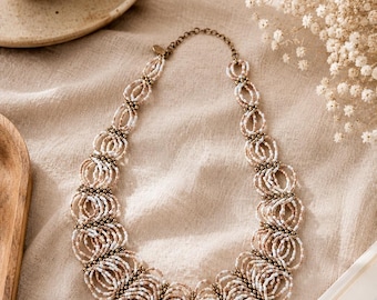 Handmade Champagne Seed Bead Collar Necklace, Elegant Bib Statement Jewelry, Bridal Ivory White Gold-Tone