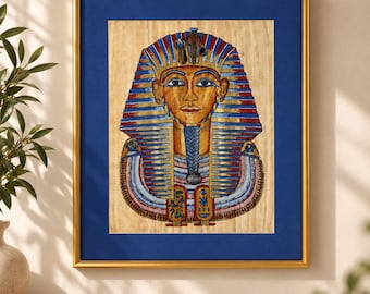 Egyptian Pharaoh Papyrus Wall Art, King Tut Inspired Painting, Blue Gold Framed Artwork 41x51 cm