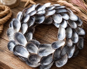 Blue Mussel Shell Wreath, Coastal Nautical Wall Art, Rustic Farmhouse Accent