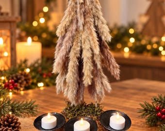 Handmade Rustic Christmas Tree Candle Holder, 3 Tealight Centerpiece (30-35 cm)
