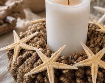 Coastal Rope Candle Holder with Starfish | Nautical Beach Centerpiece (LED Candle Included)