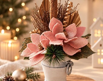 Pink Poinsettia Christmas Arrangement, Rustic Farmhouse Floral Centerpiece (30cm)