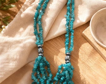 Multi Strand Apatite Chip Statement Necklace, Boho Blue Gemstone Jewelry, Artisan Handmade Design