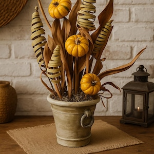 Rustic Fall Pumpinos Arrangement in Clay Pot - Handmade Autumn Table or Entryway Decor