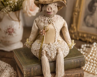 Handmade Pig Lady Art Doll, Victorian Cottagecore Hanging Ornament, Shabby Chic Textile Figurine
