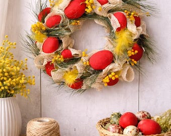 Red Egg Easter Wreath – Rustic Burlap Spring Door Decor, Mimosa Flowers, Farmhouse Accent