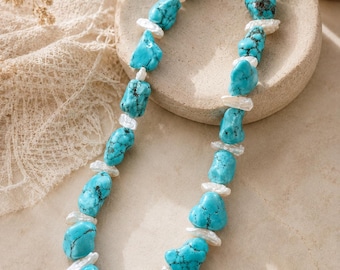 Turquoise Nugget Necklace, Pearl Accent, Boho Coastal Statement Jewelry (23cm)