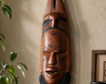 Hand Carved Solid Wood African Mask, Tribal Wall Art, Boho Home Decor