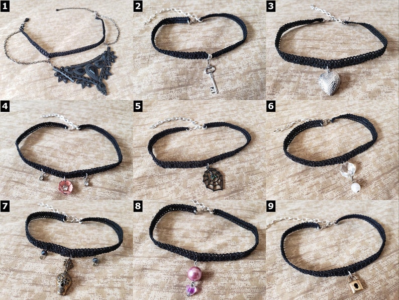 Lace Choker Necklaces Various Styles: Crown, Fairy, Wing, Key, Flower, Butterfly, Shark Tooth, Heart, Snowflake, etc image 1