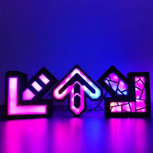 May include: Three illuminated arrow-shaped game controllers with black frames and vibrant neon lights. The arrows are in pink, purple, and blue hues, creating a dynamic and colorful display. The controllers are designed for a dance or rhythm game.