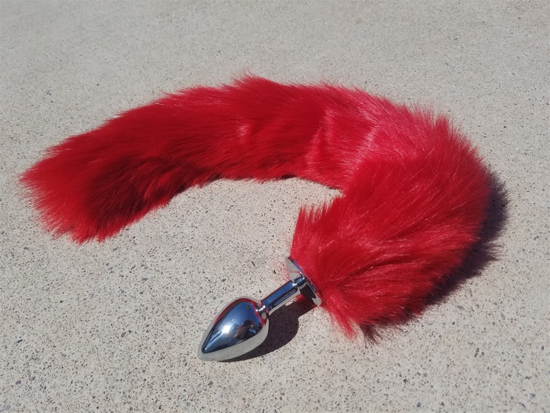 Red Fox Tail Butt Plug Stainless Steel With Large Faux Fox