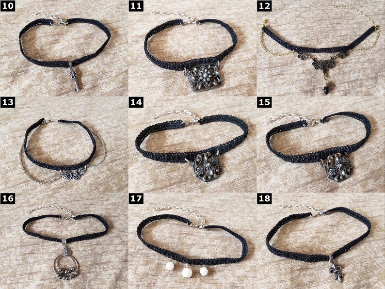 Lace Choker Necklaces Various Styles: Crown, Fairy, Wing, Key, Flower, Butterfly, Shark Tooth, Heart, Snowflake, etc image 2