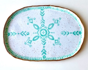 Calming Stoneware Ceramic Festive Pattern Platter White & Light Green