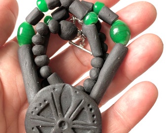 Matte Black Clay & Green Lampworked Bead Statement Necklace