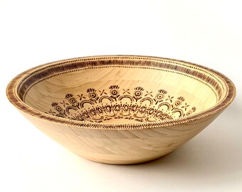 One-of-a-Kind Large 14” x 4” Reclaimed Bamboo Pyrography Wood Burned Statement Bowl Fruit Serving Salad Decorative Hygge OOAK Folk Art