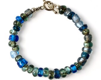 Lampworked “Jewels of the Ocean” Handmade Glass Bead Bracelet Light Dark Blue Grey Customized 2 Fit, OOAK USA Made Rustic Elegant Sterling