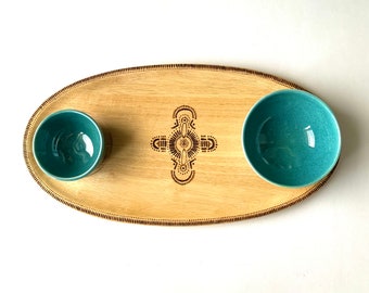 Mid-Century Reclaimed Vintage Wood Serving Tray w/ pyrographic pattern & Crown Pattern Stoneware Ceramic Blue Bowl Set