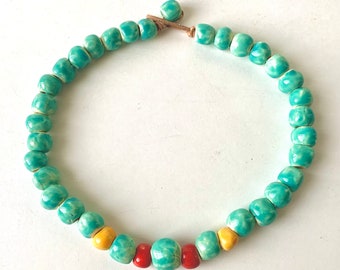 Happy Turquoise, Red & Yellow Handmade Bead Choker Necklace