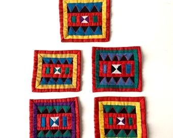 Vintage Cotton Coasters Lahu Thai Tribal Craft Motif Geometric Thailand Hand Woven  Stitched Pattern Applique Quilted 1990’s Rustic Handmade