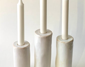 ONE SET AVAILABLE Set of 3 Cylinder Stoneware Ceramic Cream White Candlestick Holders